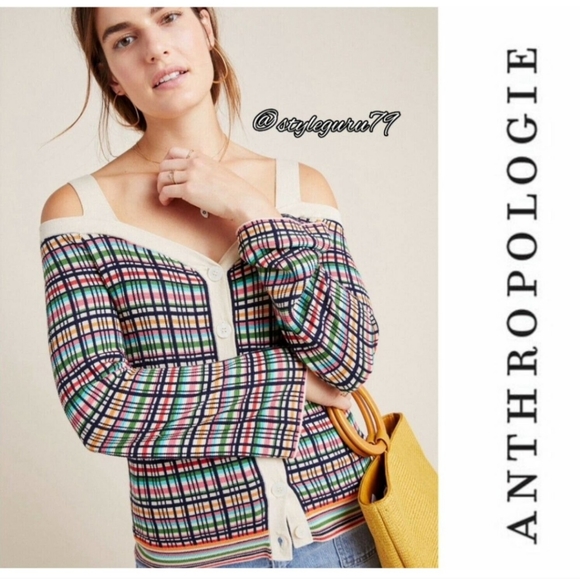 Anthropologie Cold Shoulder Button Bell Sleeve Knit Crop Top - Picture 2 of 12